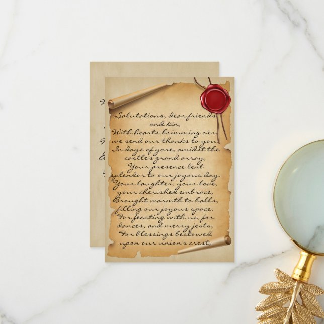 Mediaeval Aged Scroll Wax Seal Wedding Thank You Card (Front/Back In Situ)