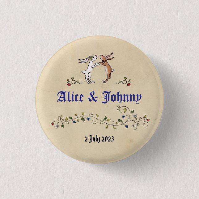 Mediaeval animals bride and groom round badge (Front)