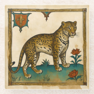 Mediaeval Art of Leopard with Red Flowers Glass Coaster