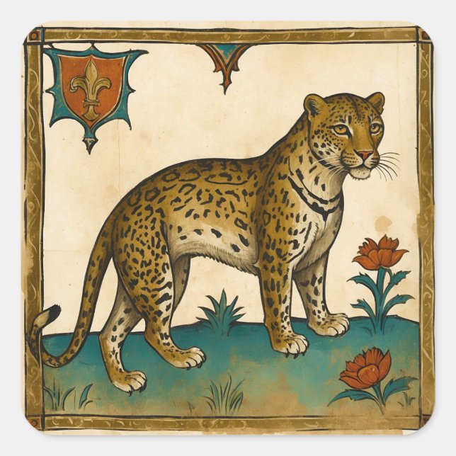 Mediaeval Art of Leopard with Red Flowers Square Sticker (Front)