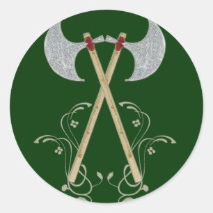 mediaeval battle axe red rope tighten on wood classic round sticker