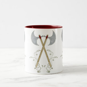 mediaeval battle axe red rope tighten on wood Two-Tone coffee mug