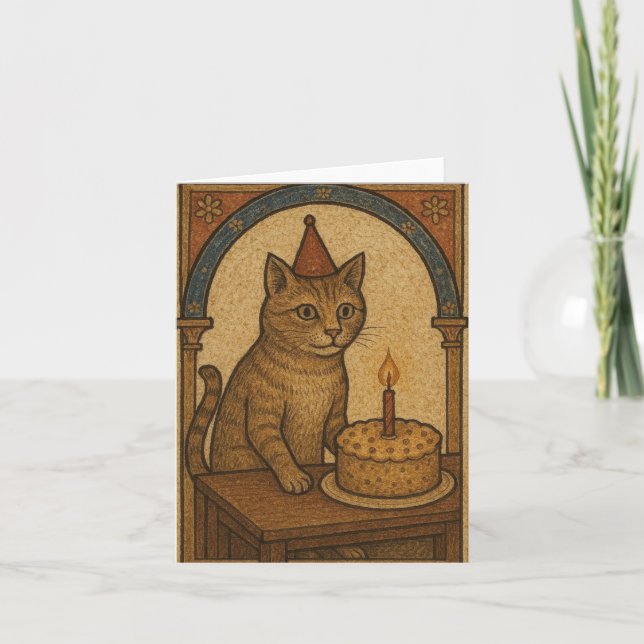 Mediaeval Birthday Cat Holiday Card (Front)