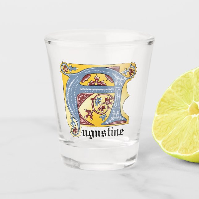 Mediaeval Blue and Red Ivy Illuminated Letter A Shot Glass (Front)