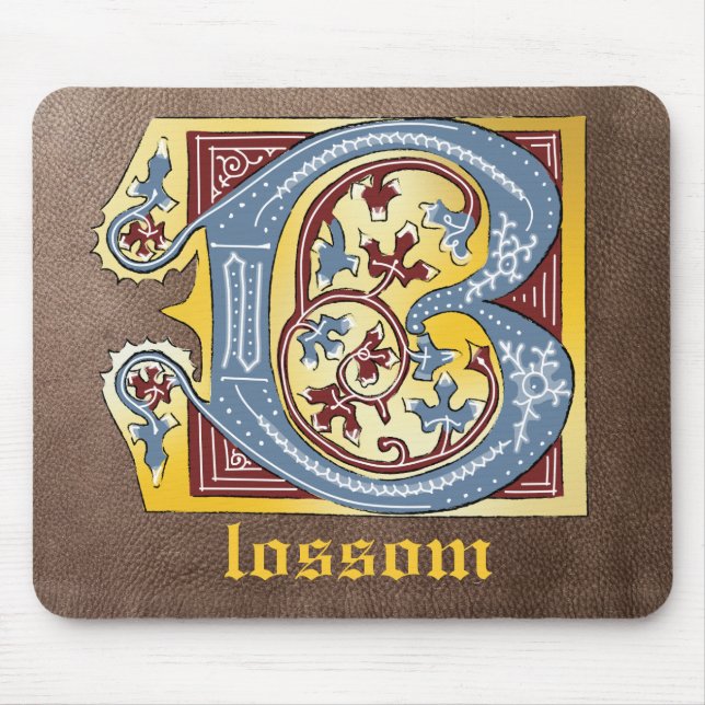 Mediaeval Blue and Red Ivy Illuminated Letter B Mouse Mat (Front)