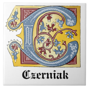 Mediaeval Blue and Red Ivy Illuminated Letter C Tile