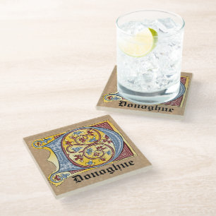Mediaeval Blue and Red Ivy Illuminated Letter D Glass Coaster