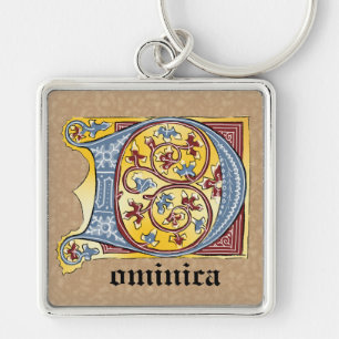 Mediaeval Blue and Red Ivy Illuminated Letter D Key Ring