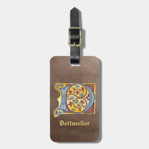 Mediaeval Blue and Red Ivy Illuminated Letter D Luggage Tag