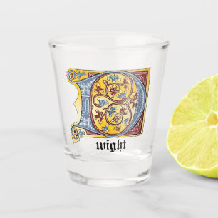 Mediaeval Blue and Red Ivy Illuminated Letter D Shot Glass