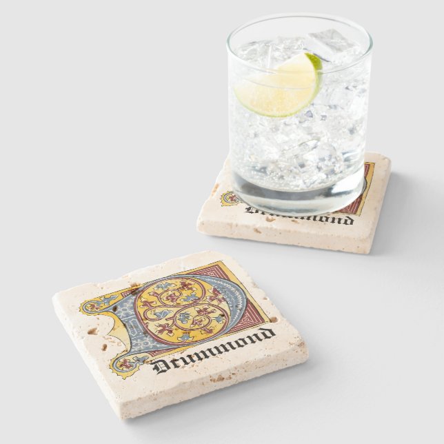 Mediaeval Blue and Red Ivy Illuminated Letter D Stone Coaster (Side)
