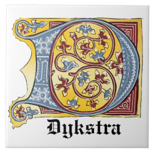 Mediaeval Blue and Red Ivy Illuminated Letter D Tile