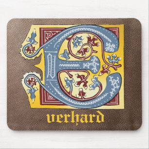 Mediaeval Blue and Red Ivy Illuminated Letter E Mouse Mat