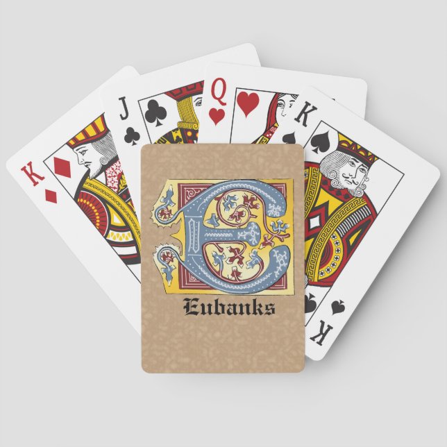 Mediaeval Blue and Red Ivy Illuminated Letter E Playing Cards (Back)