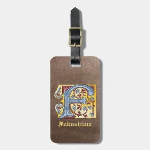 Mediaeval Blue and Red Ivy Illuminated Letter F Luggage Tag