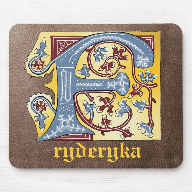 Mediaeval Blue and Red Ivy Illuminated Letter F Mouse Mat (Front)