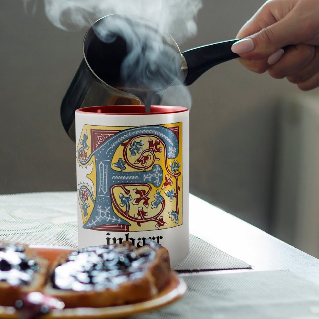 Mediaeval Blue and Red Ivy Illuminated Letter F Mug (Creator Uploaded)