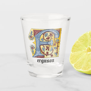 Mediaeval Blue and Red Ivy Illuminated Letter F Shot Glass
