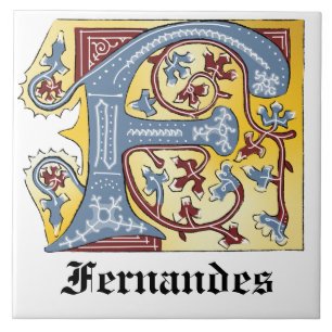 Mediaeval Blue and Red Ivy Illuminated Letter F Tile