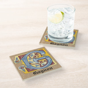 Mediaeval Blue and Red Ivy Illuminated Letter G Glass Coaster