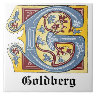 Mediaeval Blue and Red Ivy Illuminated Letter G Tile