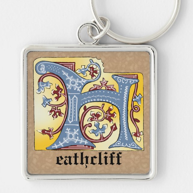 Mediaeval Blue and Red Ivy Illuminated Letter H Key Ring (Front)