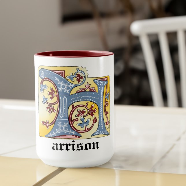 Mediaeval Blue and Red Ivy Illuminated Letter H Mug (Creator Uploaded)