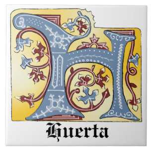 Mediaeval Blue and Red Ivy Illuminated Letter H Tile