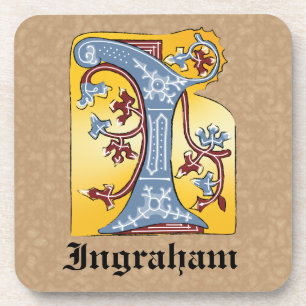 Mediaeval Blue and Red Ivy Illuminated Letter I Coaster