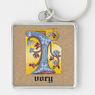 Mediaeval Blue and Red Ivy Illuminated Letter I Key Ring