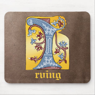 Mediaeval Blue and Red Ivy Illuminated Letter I Mouse Mat
