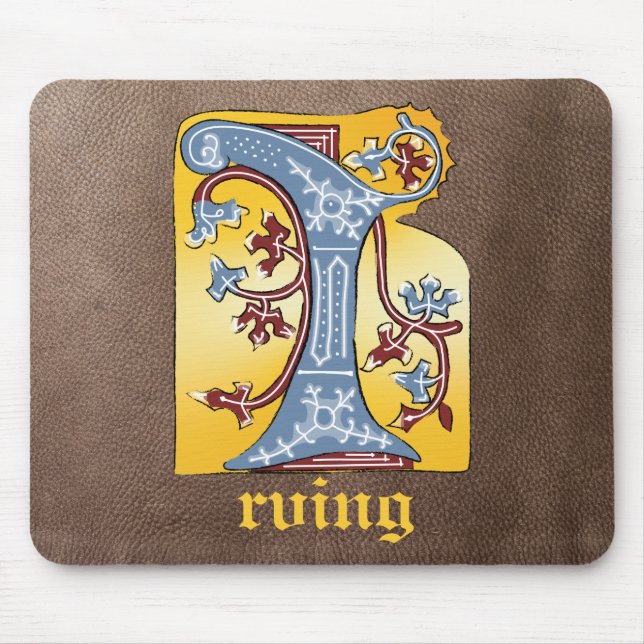 Mediaeval Blue and Red Ivy Illuminated Letter I Mouse Mat (Front)