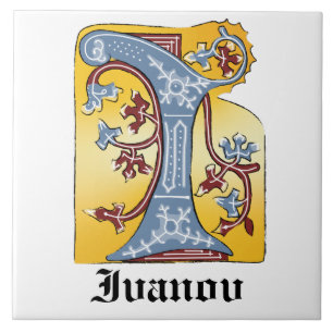 Mediaeval Blue and Red Ivy Illuminated Letter I Tile