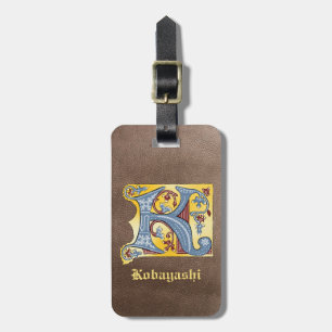 Mediaeval Blue and Red Ivy Illuminated Letter K Luggage Tag