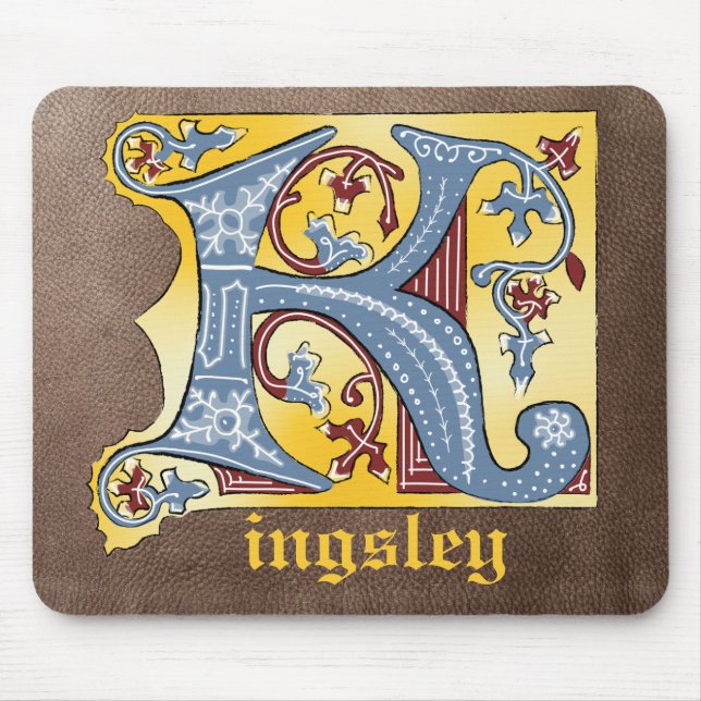 Mediaeval Blue and Red Ivy Illuminated Letter K Mouse Mat (Front)