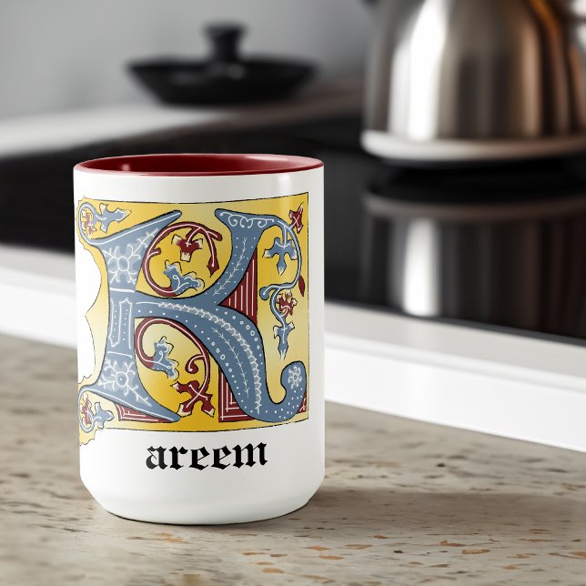 Mediaeval Blue and Red Ivy Illuminated Letter K Mug (Creator Uploaded)