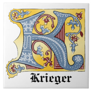 Mediaeval Blue and Red Ivy Illuminated Letter K Tile