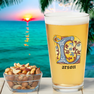 Mediaeval Blue and Red Ivy Illuminated Letter L Glass