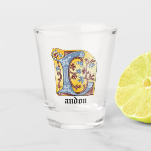 Mediaeval Blue and Red Ivy Illuminated Letter L Shot Glass