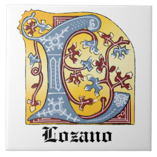 Mediaeval Blue and Red Ivy Illuminated Letter L Tile