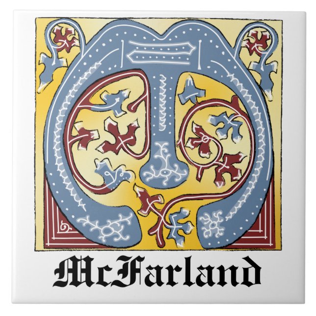 Mediaeval Blue and Red Ivy Illuminated Letter M Tile (Front)
