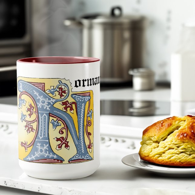 Mediaeval Blue and Red Ivy Illuminated Letter N Mug (Creator Uploaded)