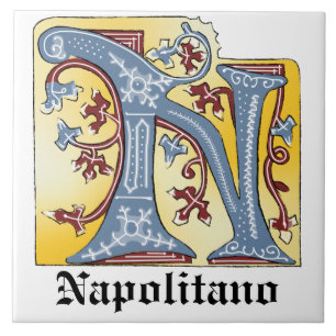 Mediaeval Blue and Red Ivy Illuminated Letter N Tile