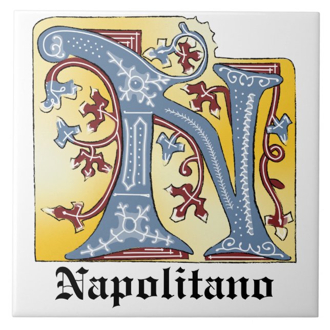 Mediaeval Blue and Red Ivy Illuminated Letter N Tile (Front)
