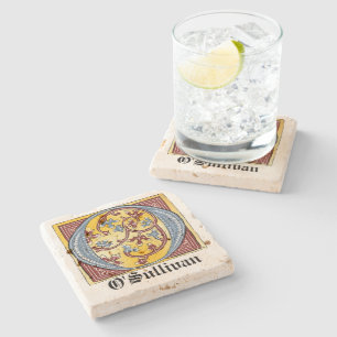 Mediaeval Blue and Red Ivy Illuminated Letter O Stone Coaster