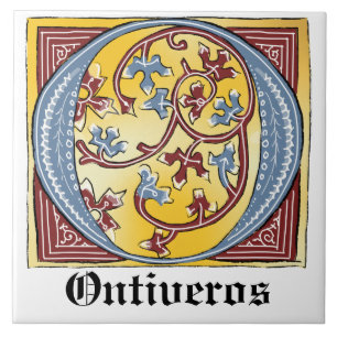 Mediaeval Blue and Red Ivy Illuminated Letter O Tile