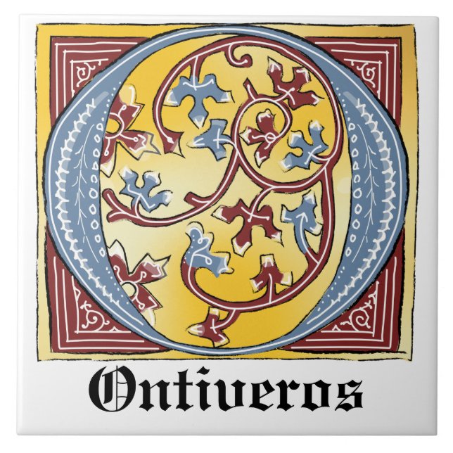 Mediaeval Blue and Red Ivy Illuminated Letter O Tile (Front)