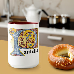 Mediaeval Blue and Red Ivy Illuminated Letter P Mug