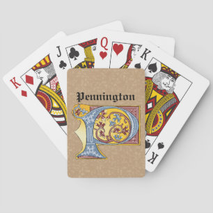 Mediaeval Blue and Red Ivy Illuminated Letter P Playing Cards