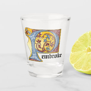 Mediaeval Blue and Red Ivy Illuminated Letter P Shot Glass